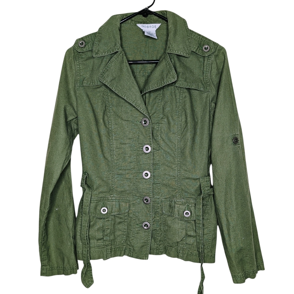 George Women's Dark Military Green Button Down Cargo Linen Cotton Jacket Size 8
